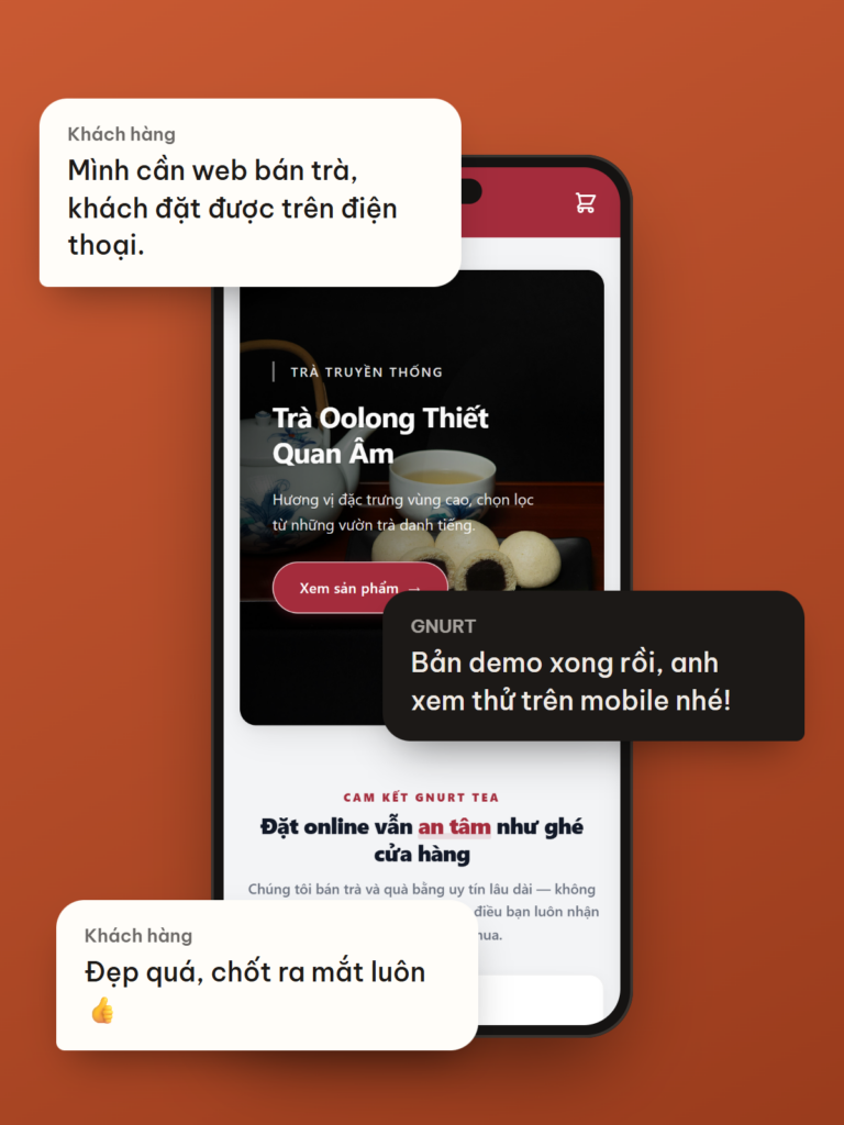 Tin nhắn trao đổi với khách hàng bên cạnh bản demo website bán trà trên điện thoại