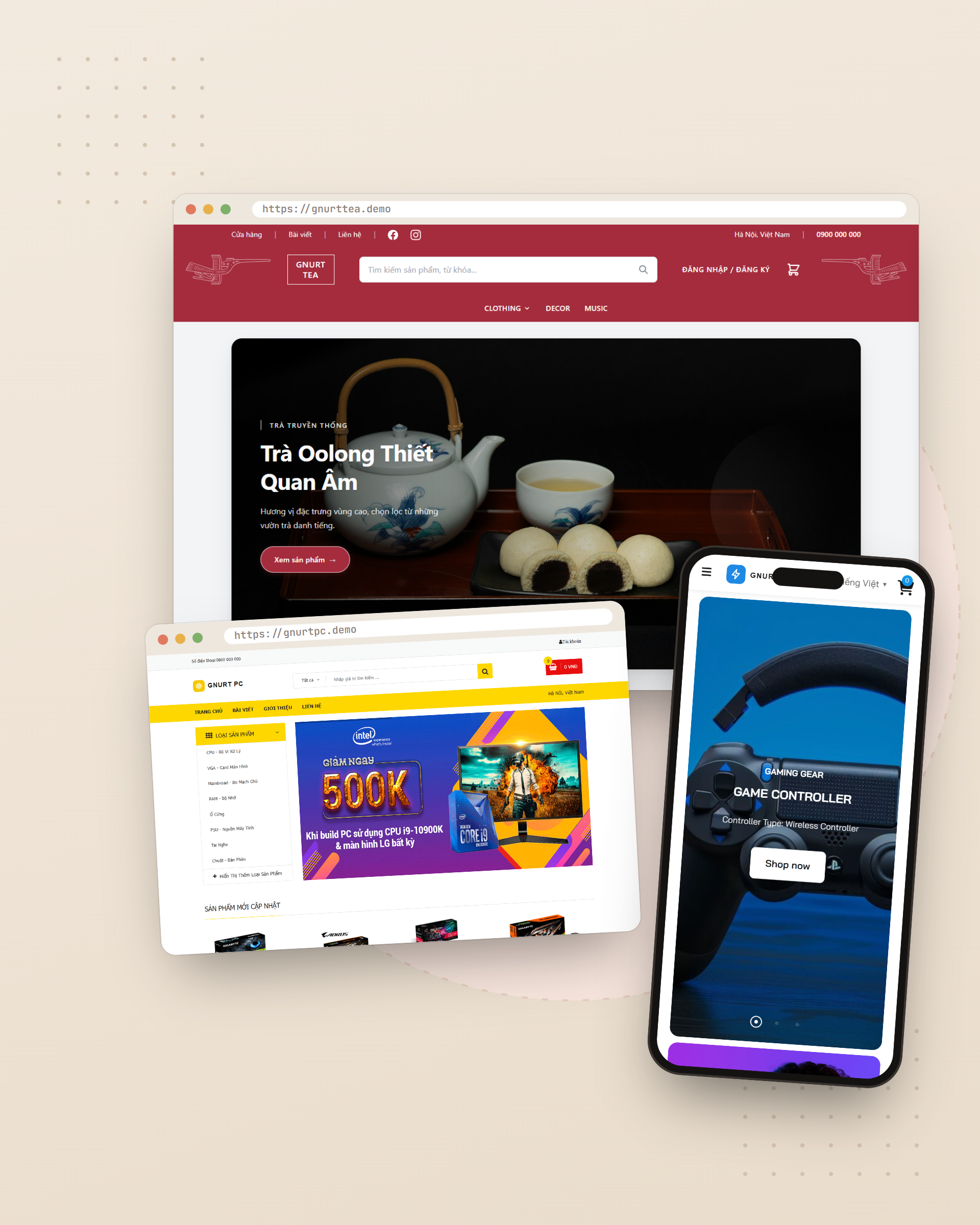 Các website đã làm: cửa hàng trà trên desktop, trang thương mại điện tử và giao diện mobile